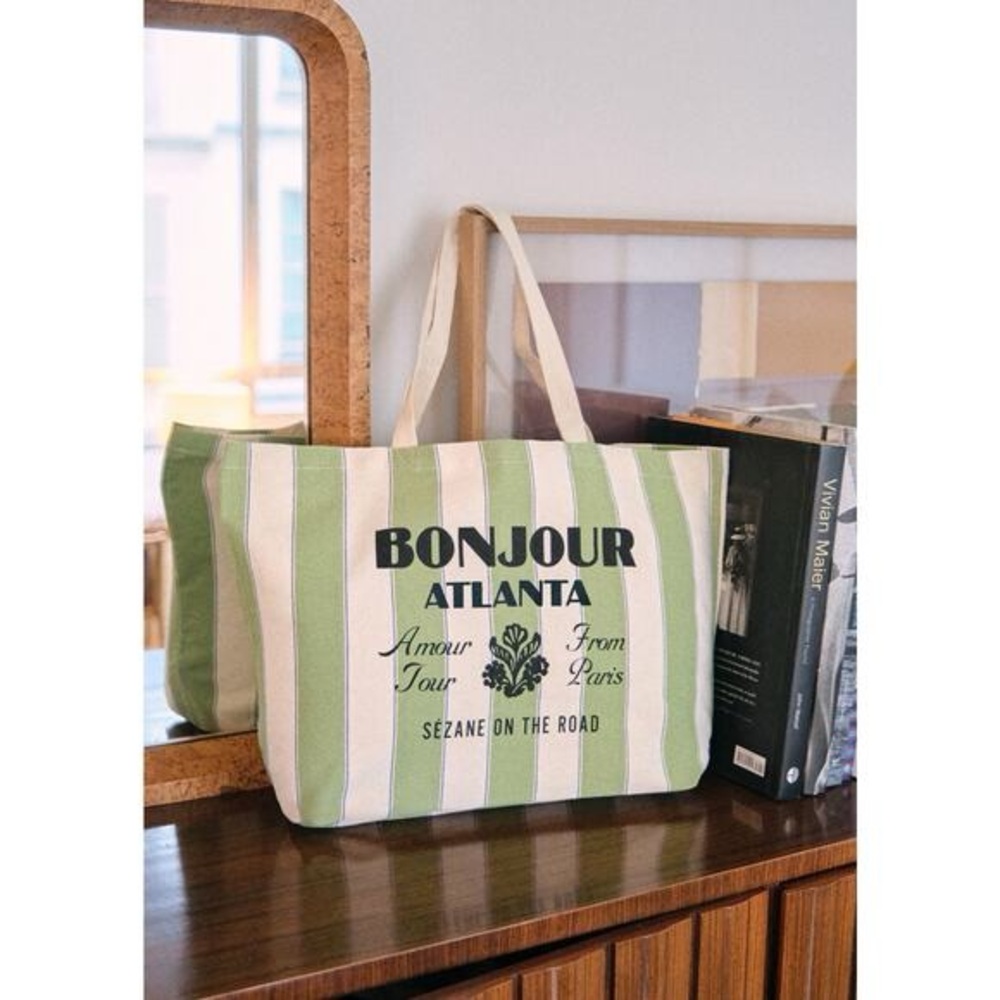 Sézane Bonjour Los Angeles Green Striped Tote Bag - New - Picture 12 of 12